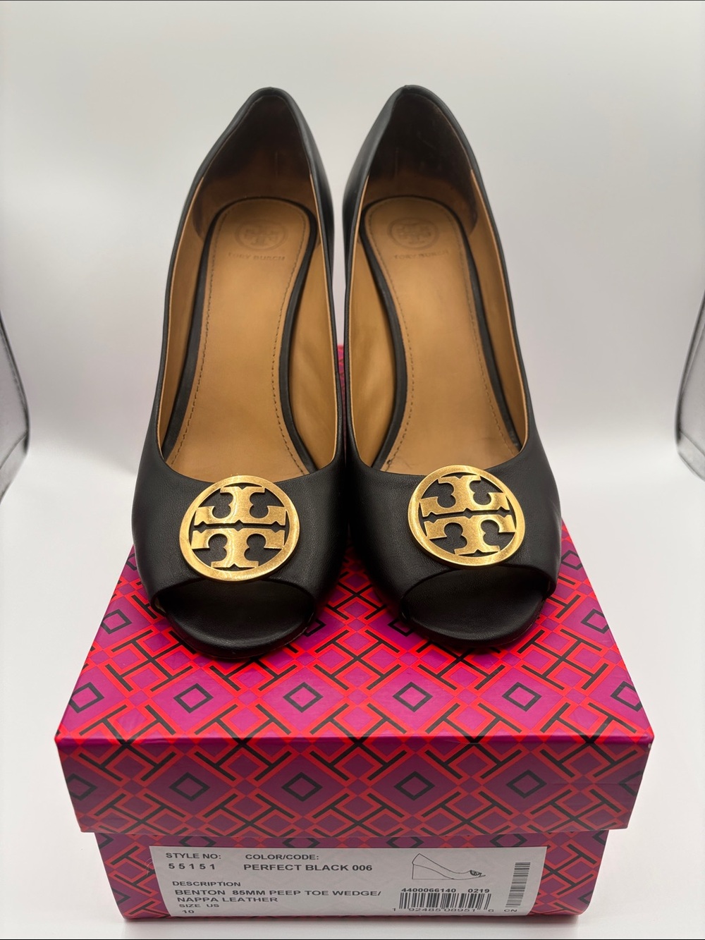 Tory Burch Black Leather Peep Toe Wedges with Gold Logo Medallion